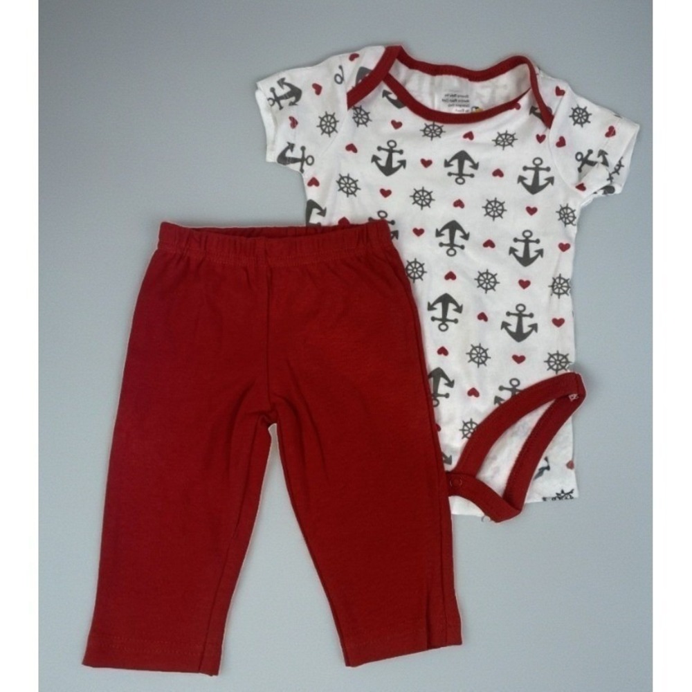 Sleeping Baby Bodysuit Pants Set Kids 3M Red White Nautical Anchor Ship Wheel